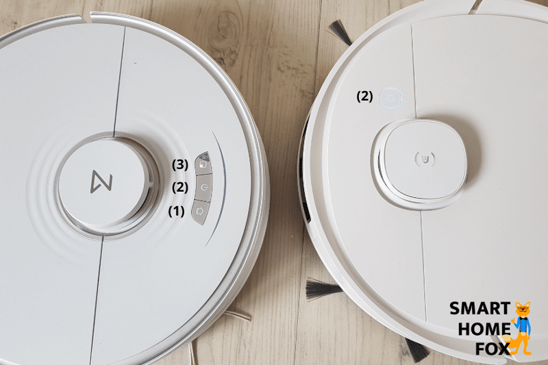 Steuerungsknöpfe auf der Oberseite des Ecovacs Deebot T9 und des Roborock S7 werden in der Nahaufnahme gezeigt